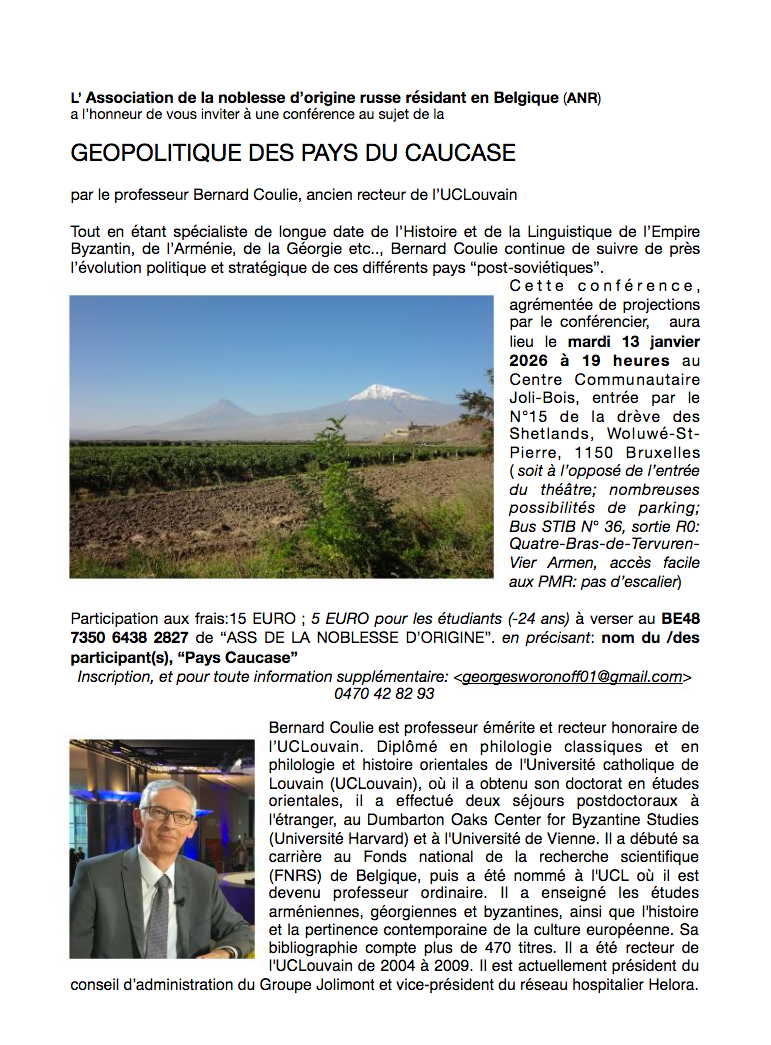 Invitation. Conférence  ANR - « Géopolitique des pays du Caucase » par le professeur Bernard Coulie, ancien recteur de l'UCLouvain. 2026-01-13